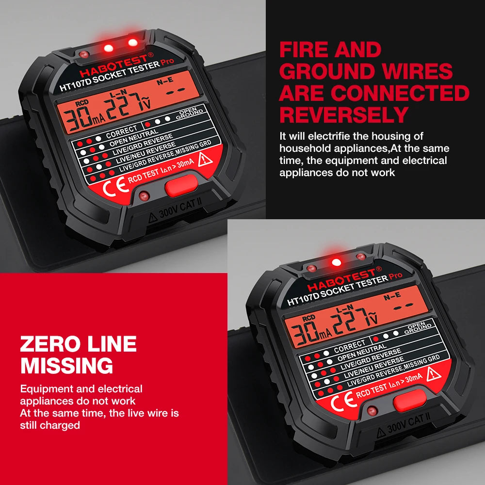 HABOTEST HT107 Socket Tester Pro
Voltage Test RCD 5/30mA Socket Detector with Ground, Zero Line Plug Polarity, and Phase Check