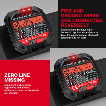 HABOTEST HT107 Socket Tester Pro
Voltage Test RCD 5/30mA Socket Detector with Ground, Zero Line Plug Polarity, and Phase Check