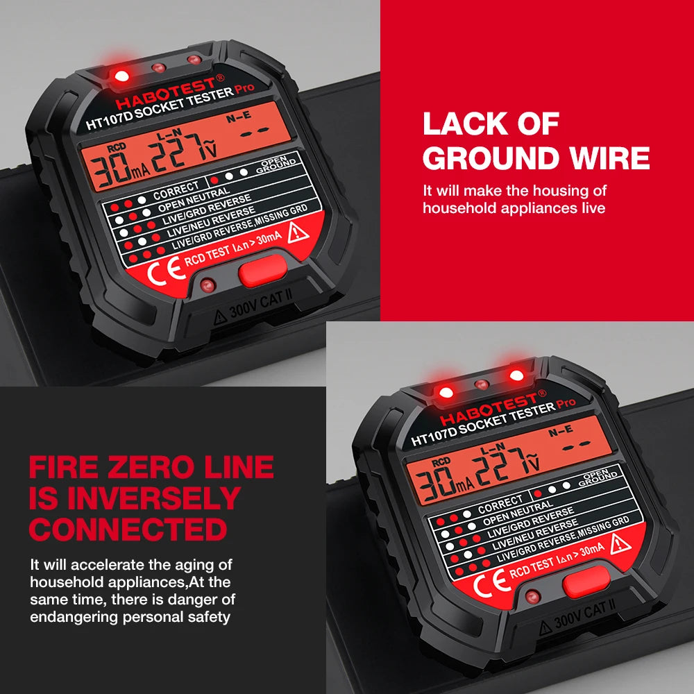 HABOTEST HT107 Socket Tester Pro
Voltage Test RCD 5/30mA Socket Detector with Ground, Zero Line Plug Polarity, and Phase Check