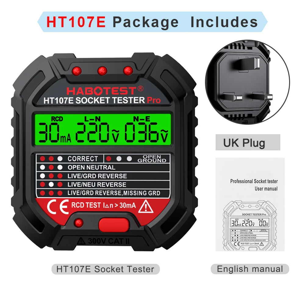 HABOTEST HT107 Socket Tester Pro
Voltage Test RCD 5/30mA Socket Detector with Ground, Zero Line Plug Polarity, and Phase Check