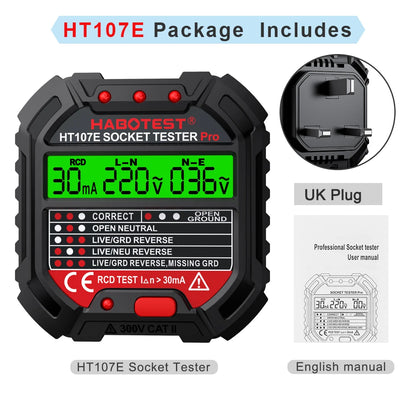 HABOTEST HT107 Socket Tester Pro
Voltage Test RCD 5/30mA Socket Detector with Ground, Zero Line Plug Polarity, and Phase Check