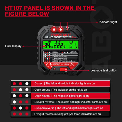 HABOTEST HT107 Socket Tester Pro
Voltage Test RCD 5/30mA Socket Detector with Ground, Zero Line Plug Polarity, and Phase Check