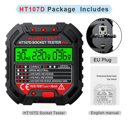 HABOTEST HT107 Socket Tester Pro
Voltage Test RCD 5/30mA Socket Detector with Ground, Zero Line Plug Polarity, and Phase Check