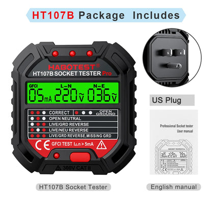 HABOTEST HT107 Socket Tester Pro
Voltage Test RCD 5/30mA Socket Detector with Ground, Zero Line Plug Polarity, and Phase Check